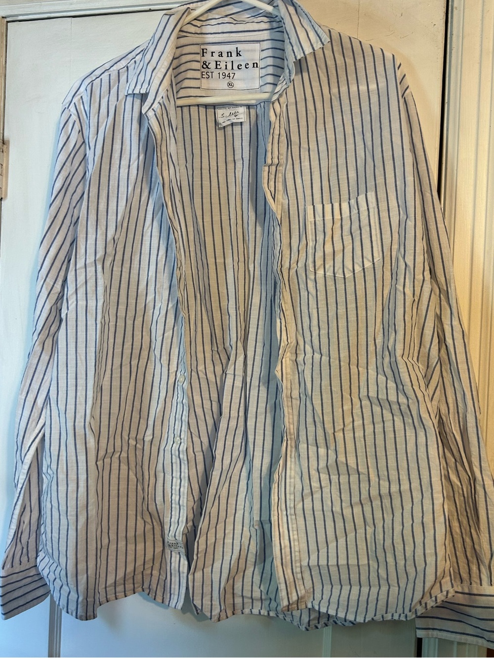 Frank & Eileen White Shirt with Blue Pinstripes